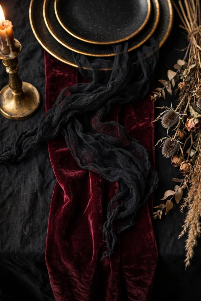 Close-up of layered black linen, burgundy velvet, and cheesecloth on a Halloween table