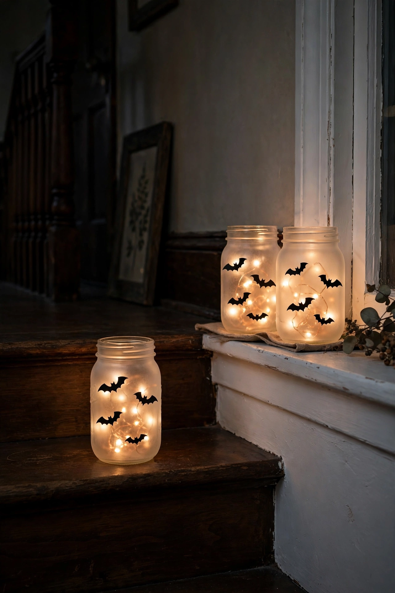 Mason jars with glowing fairy lights on a dark wood staircase step