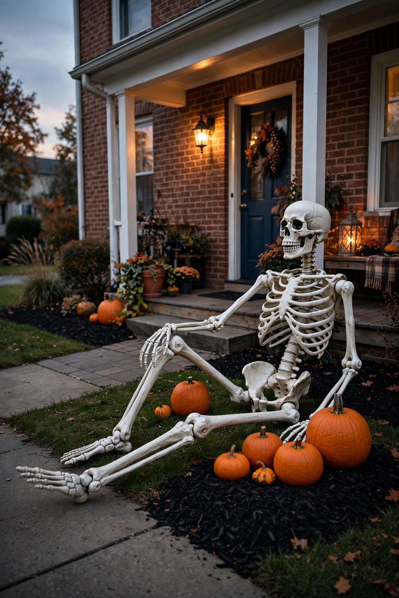 Giant skeleton prop placed on a lawn in the visitors’ line of sight