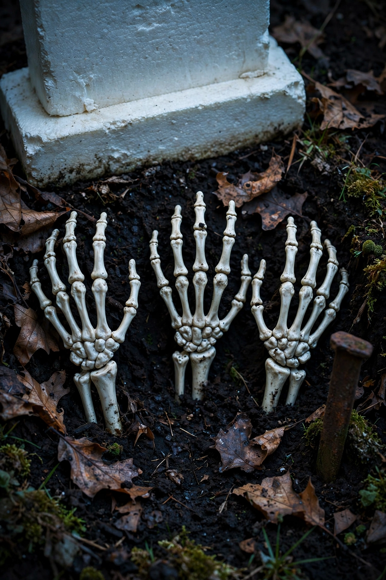 Three plastic skeleton hands rising from dark soil at the base of a foam tombstone
