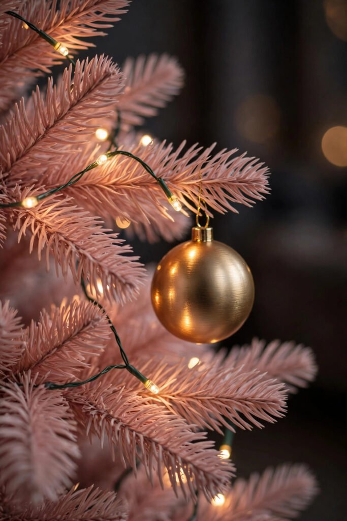Warm white LED lights glowing on blush pink Christmas tree branches