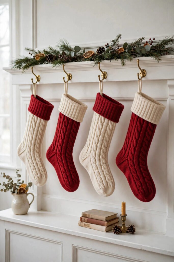 Four Christmas stockings evenly spaced on a mantel