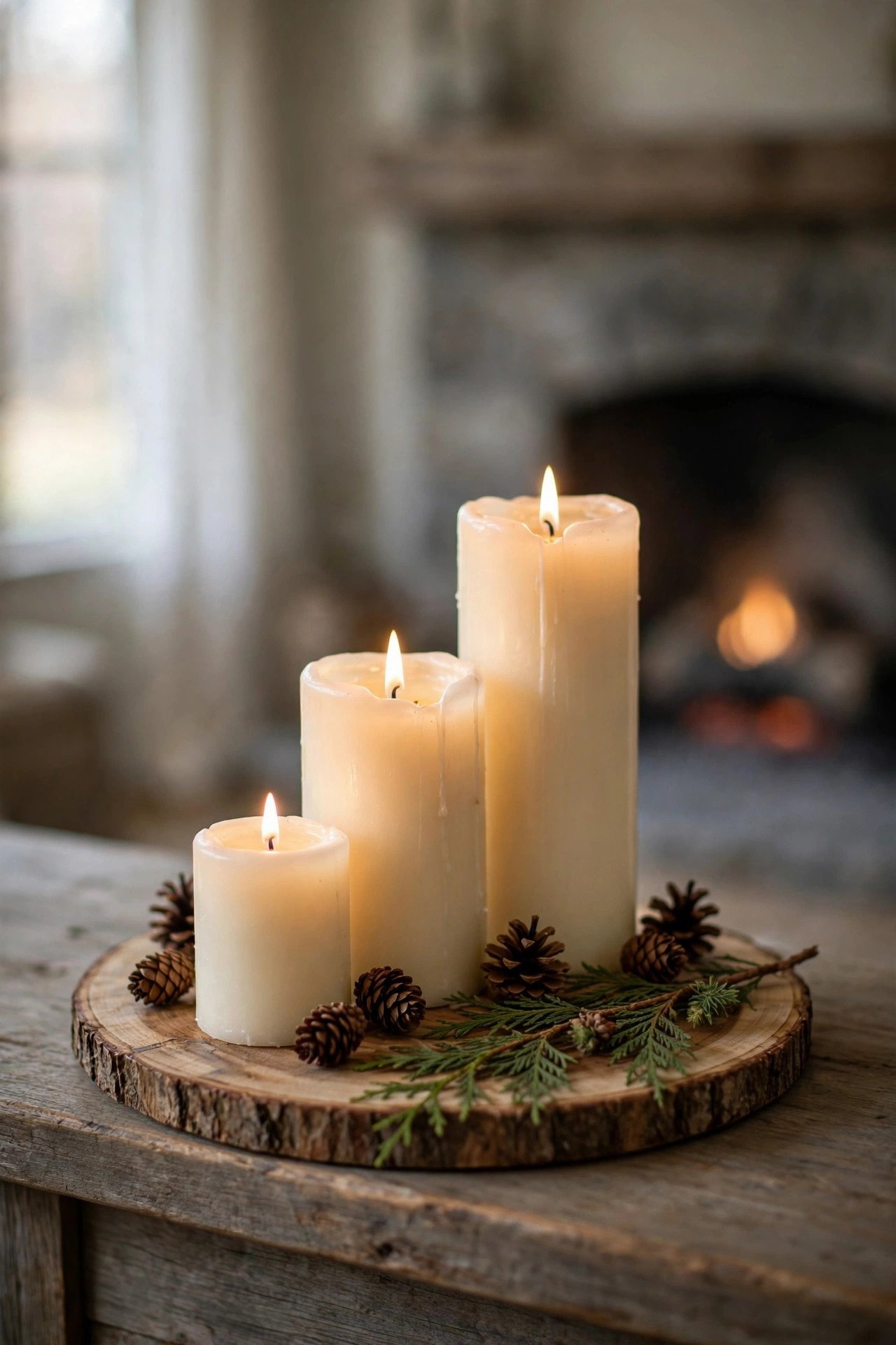 Three pillar candles in different heights on a wood tray