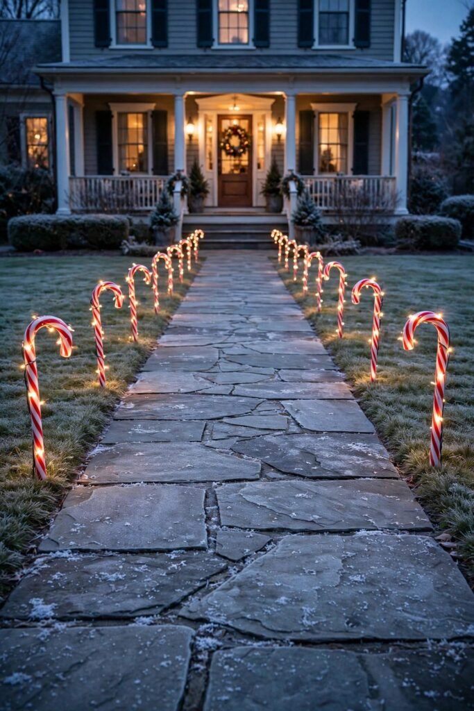 Candy cane pathway markers evenly spaced along a flagstone walkway at dusk