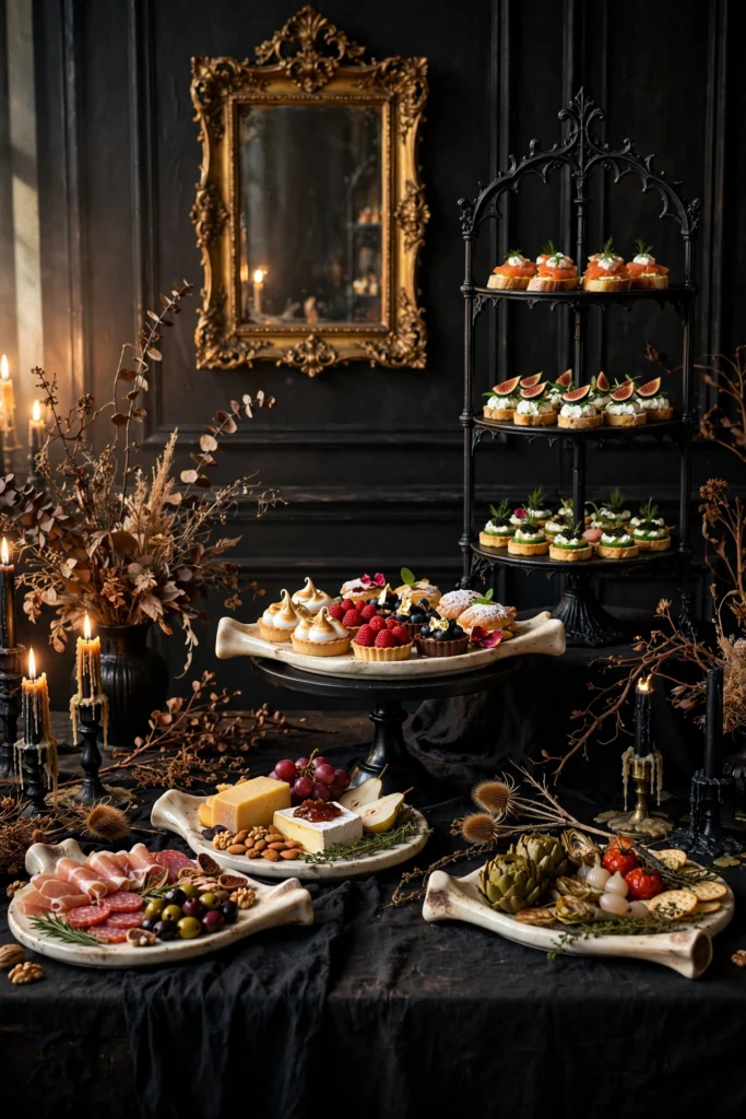 Halloween buffet with food at three heights on cake stands and platters