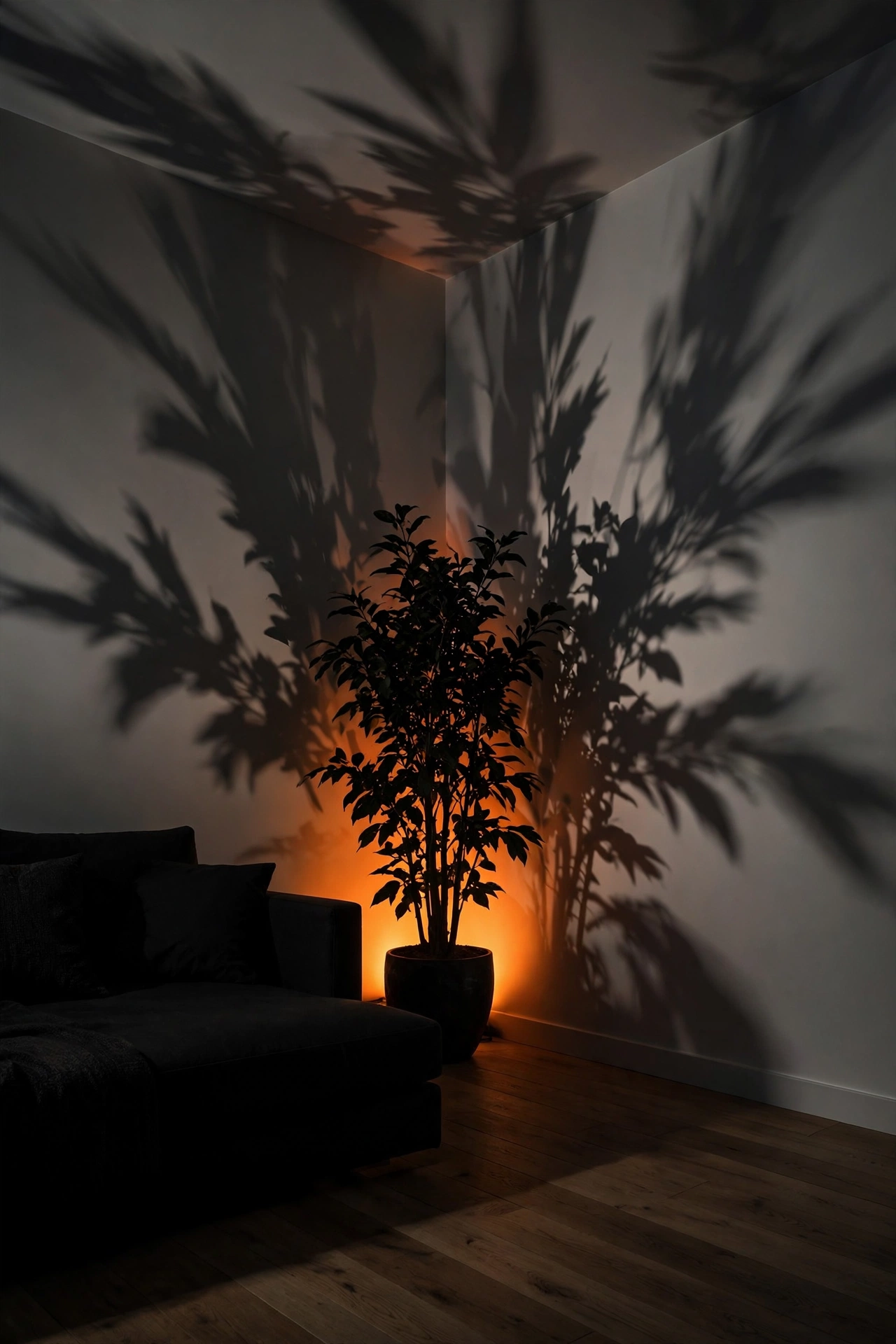 Orange uplight behind a sofa and plant casting tall shadows on a living room wall