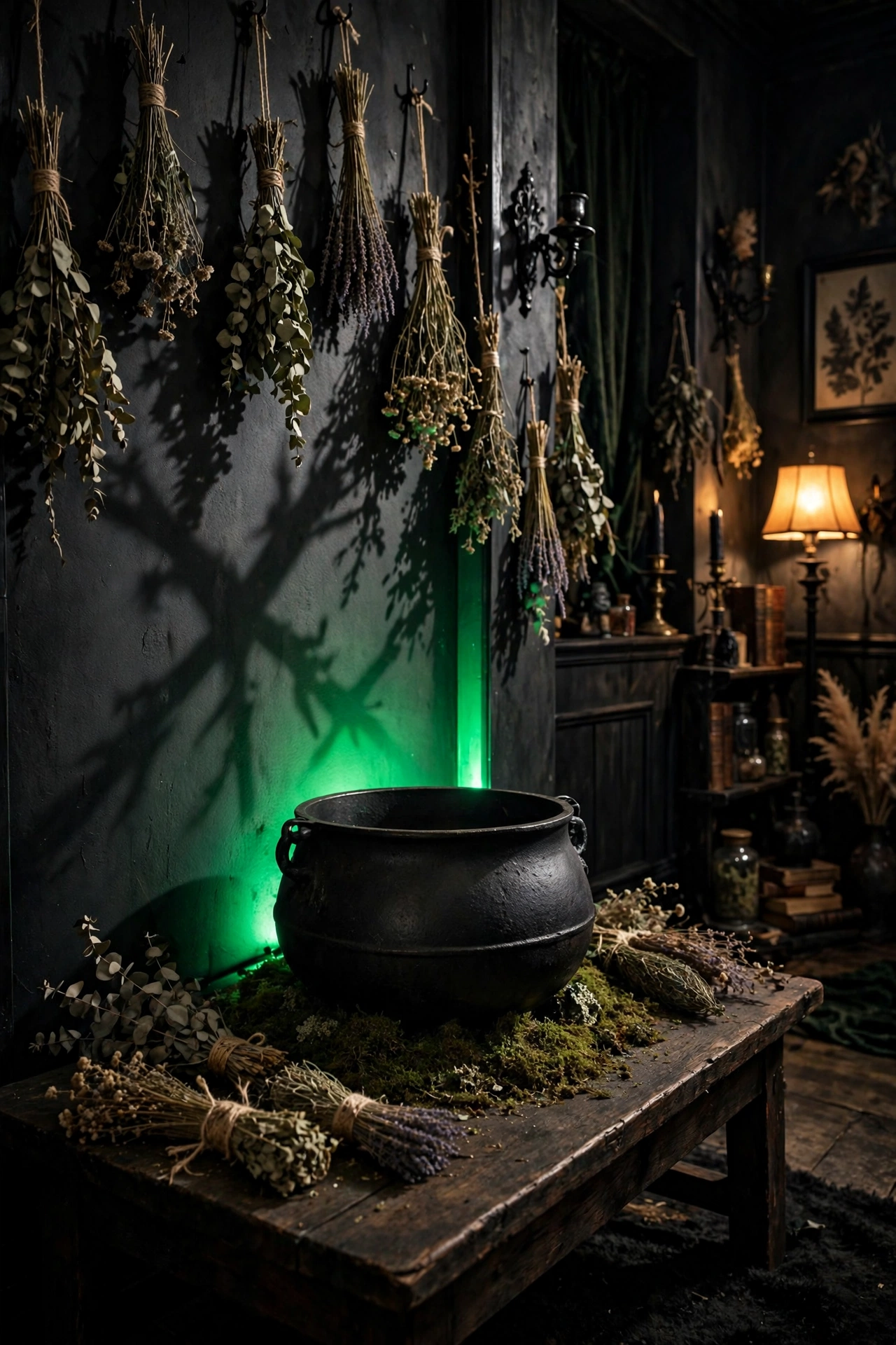 black cauldron with green LED uplight glowing behind it in a witch party room
