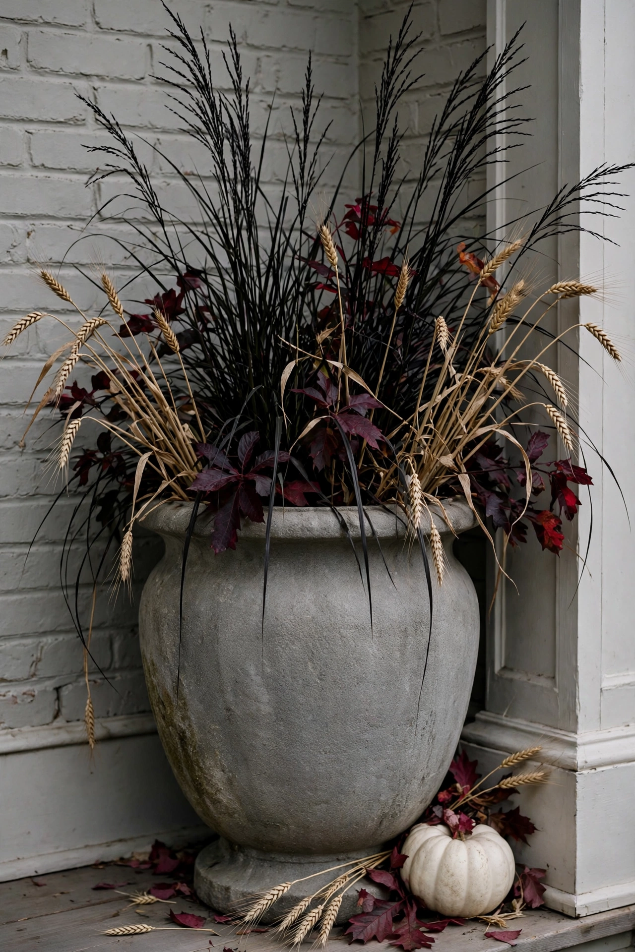 Stone urn filled with dark foliage and dried stems for Halloween