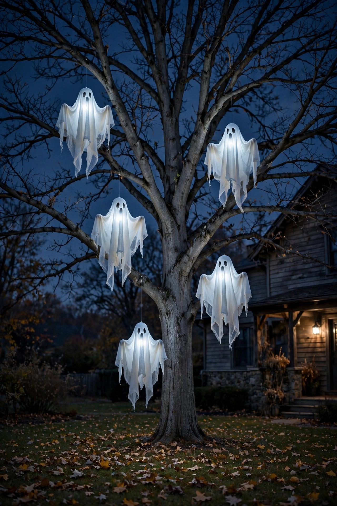 Five glowing cheesecloth ghosts hanging at staggered heights from a bare tree