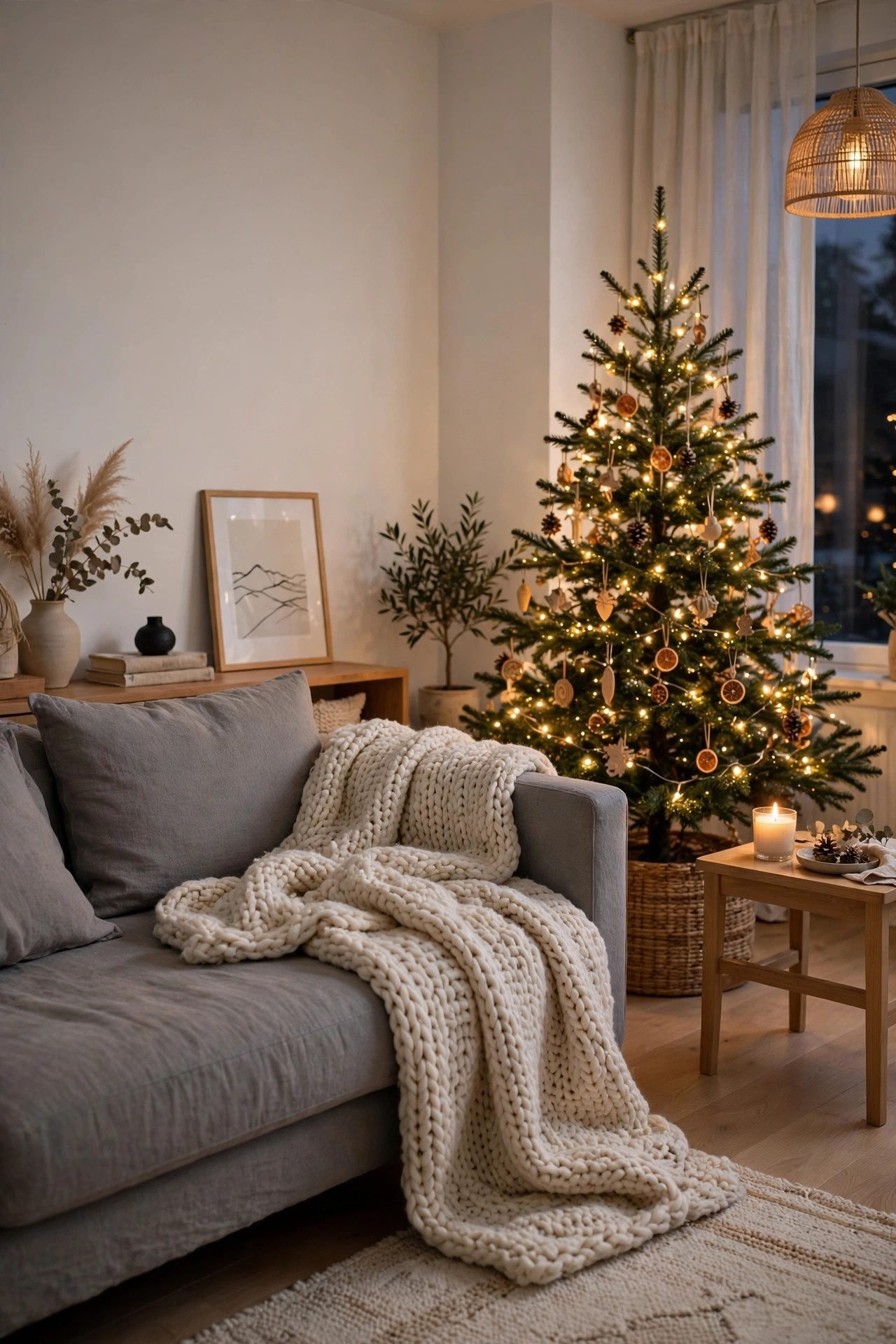 Chunky cream knit throw draped over the arm of a gray sofa near a Christmas tree