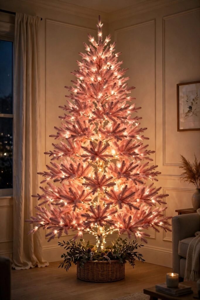 Pink Christmas tree with lights layered from the trunk to the branch tips