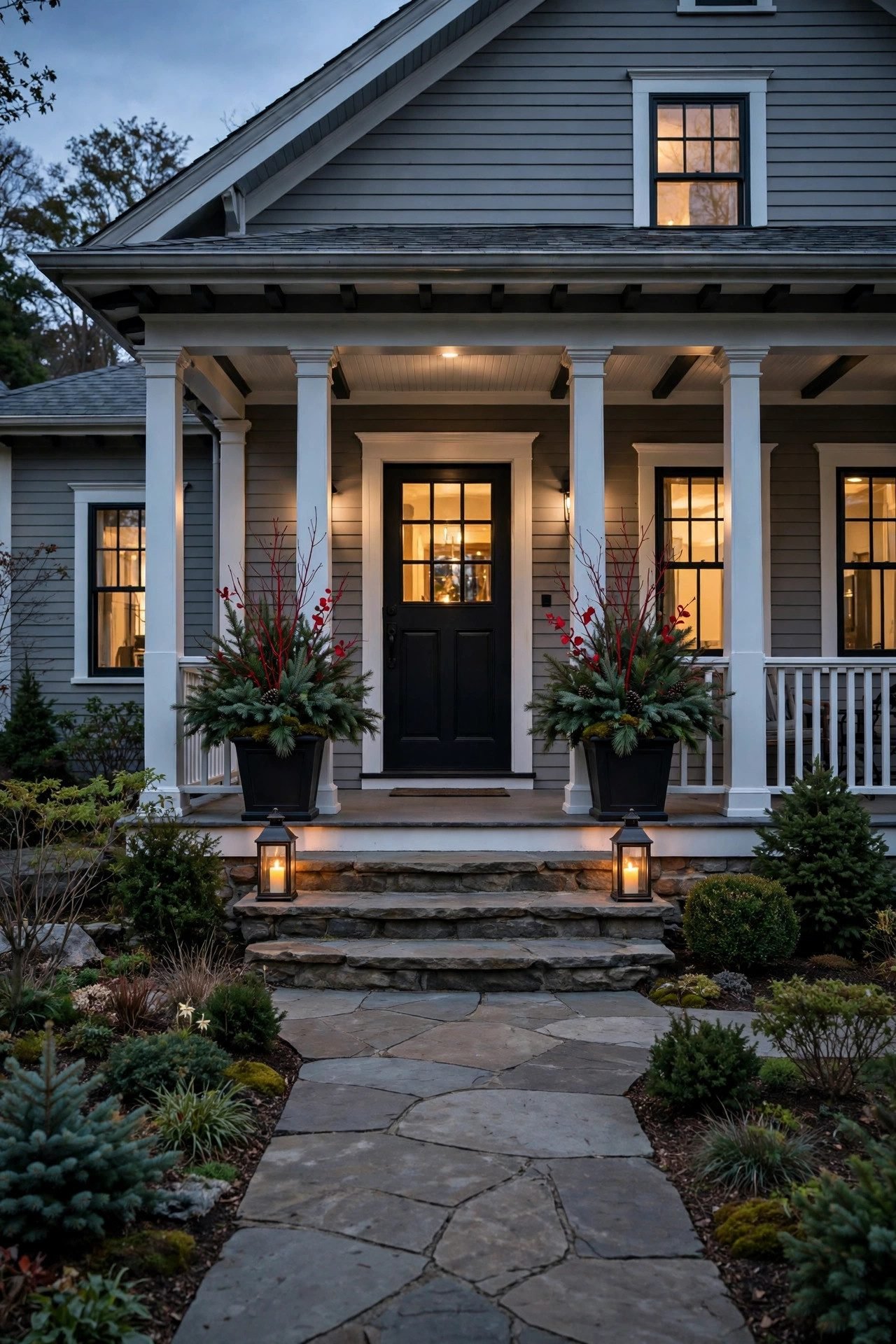 Matching planters with spruce and red twig dogwood flanking a front door