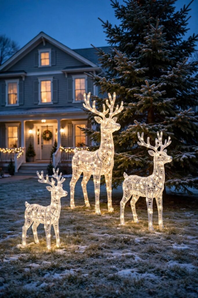 Group of three lit reindeer figures of staggered heights on a front lawn