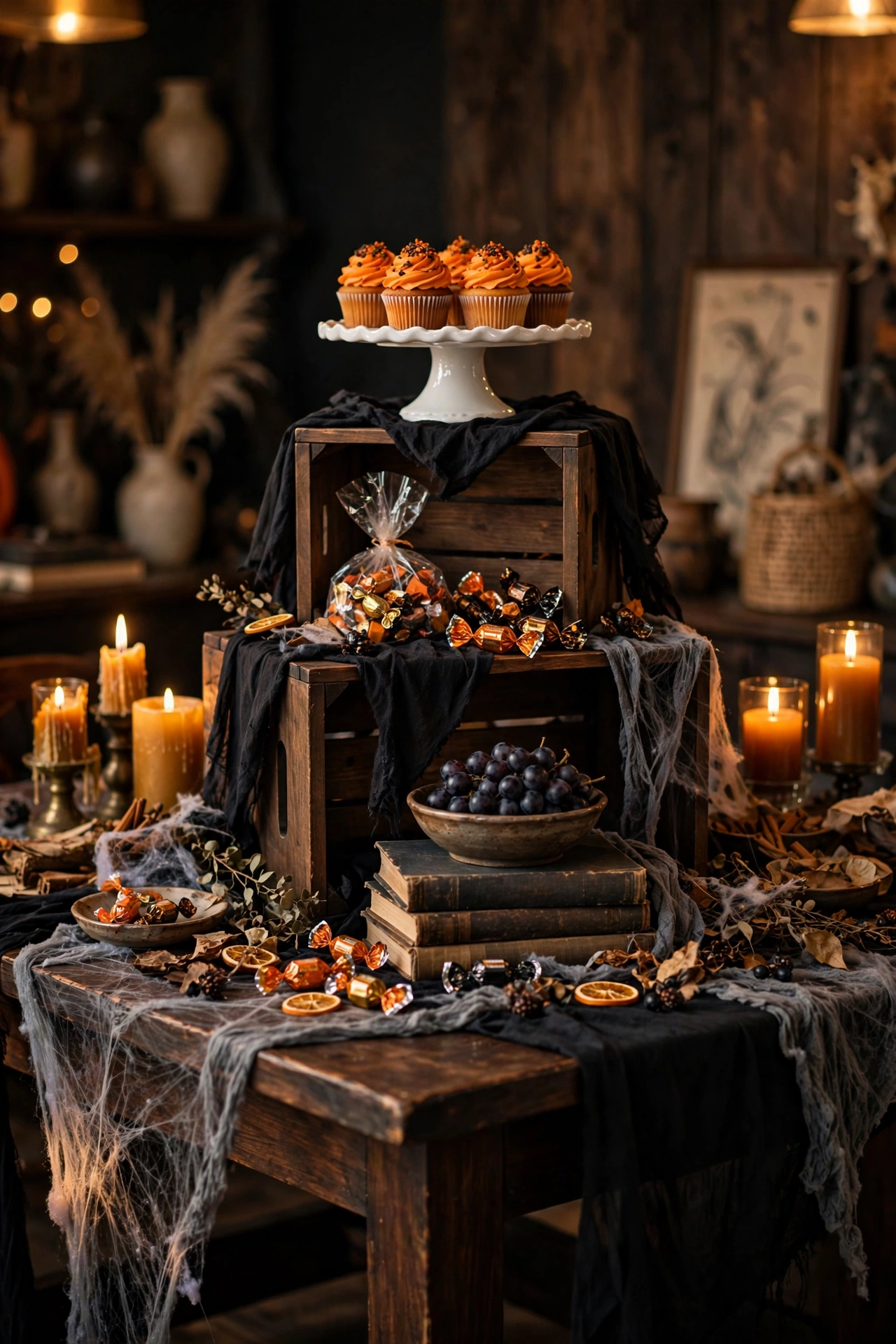 Tiered Halloween buffet display built from draped crates and cake stands