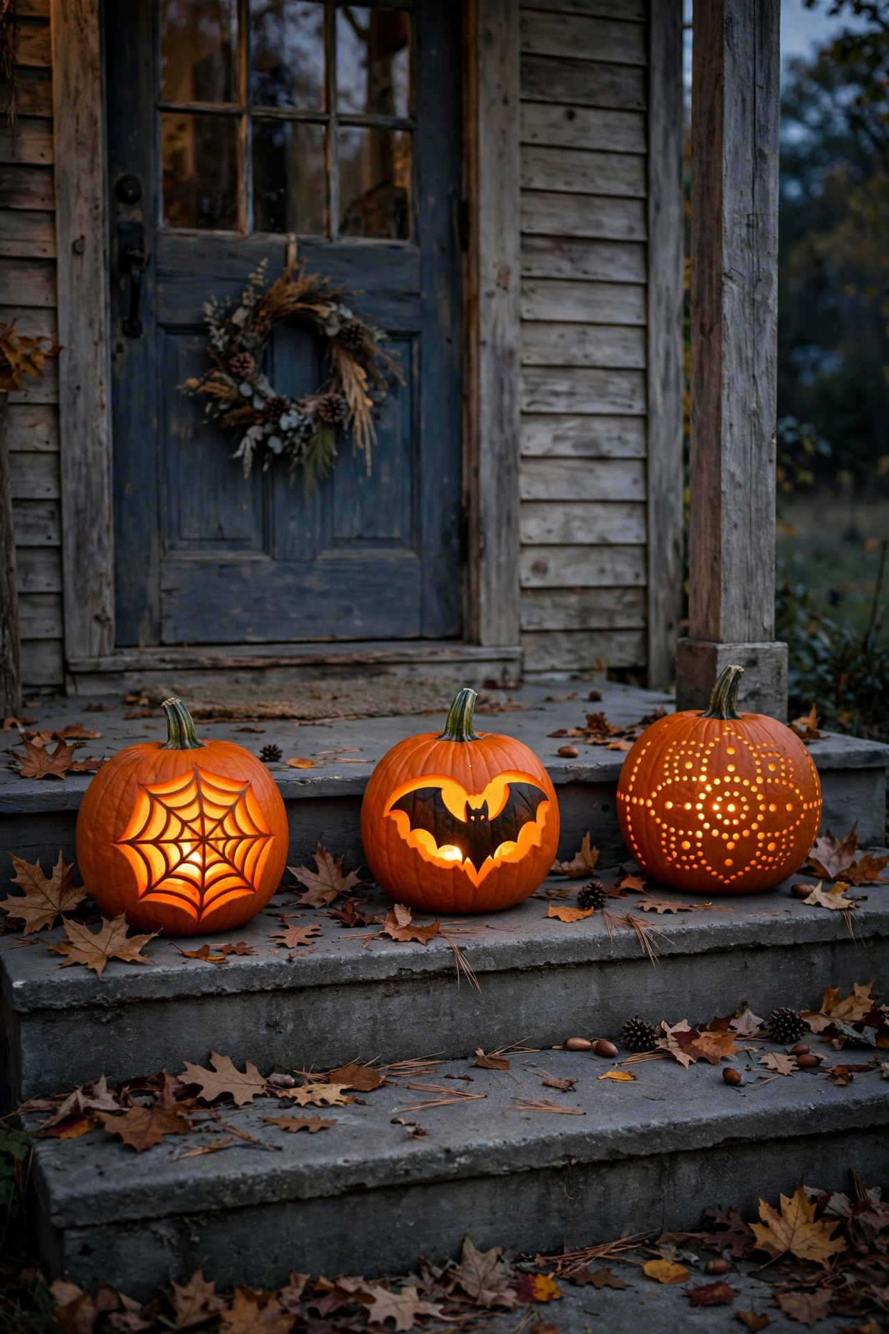 Three carved pumpkins with web, bat, and drilled dot patterns glowing on porch steps