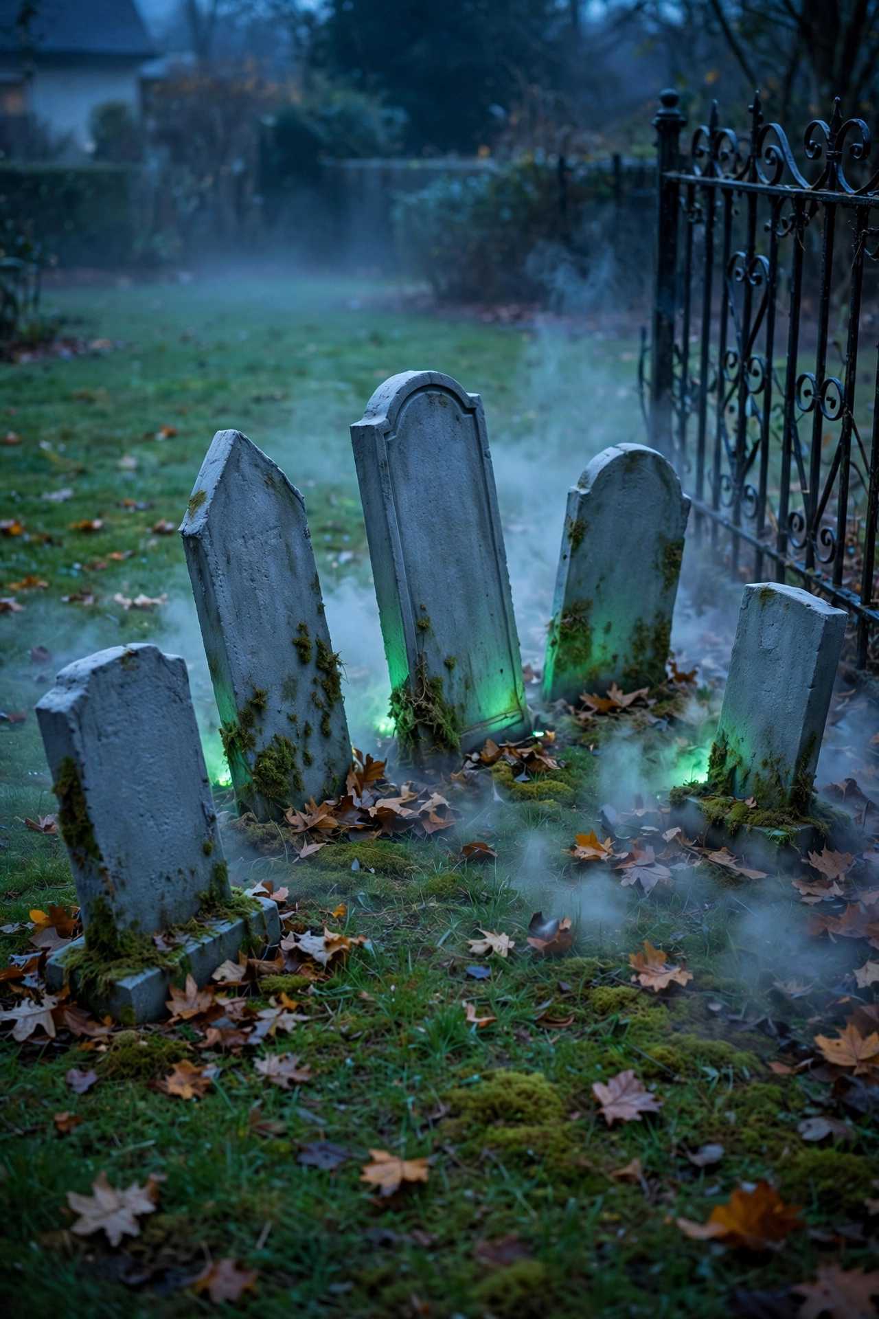 Graveyard with staggered tombstones of different heights on a front lawn