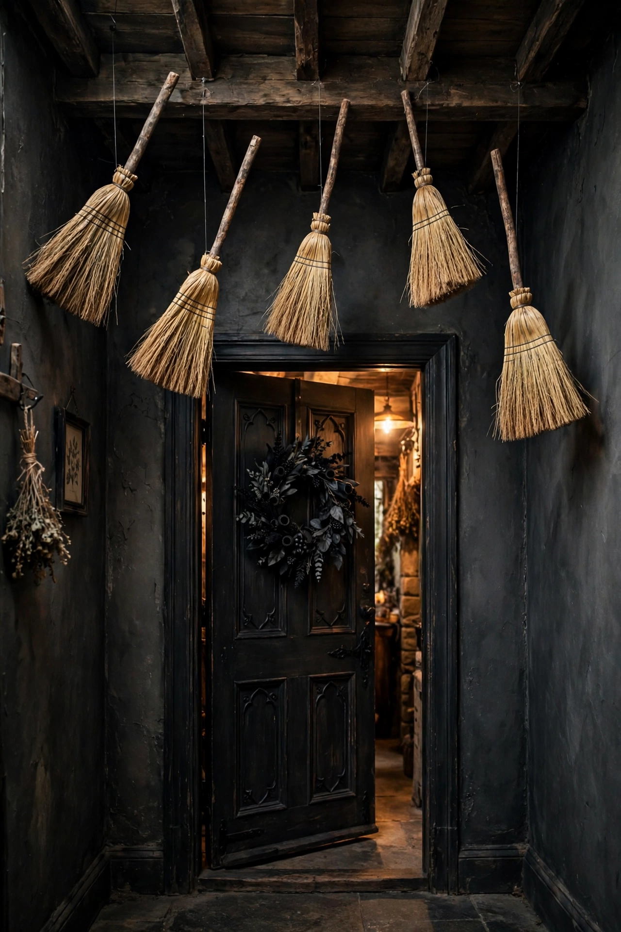 five broomsticks floating above a front door for a witch party entrance