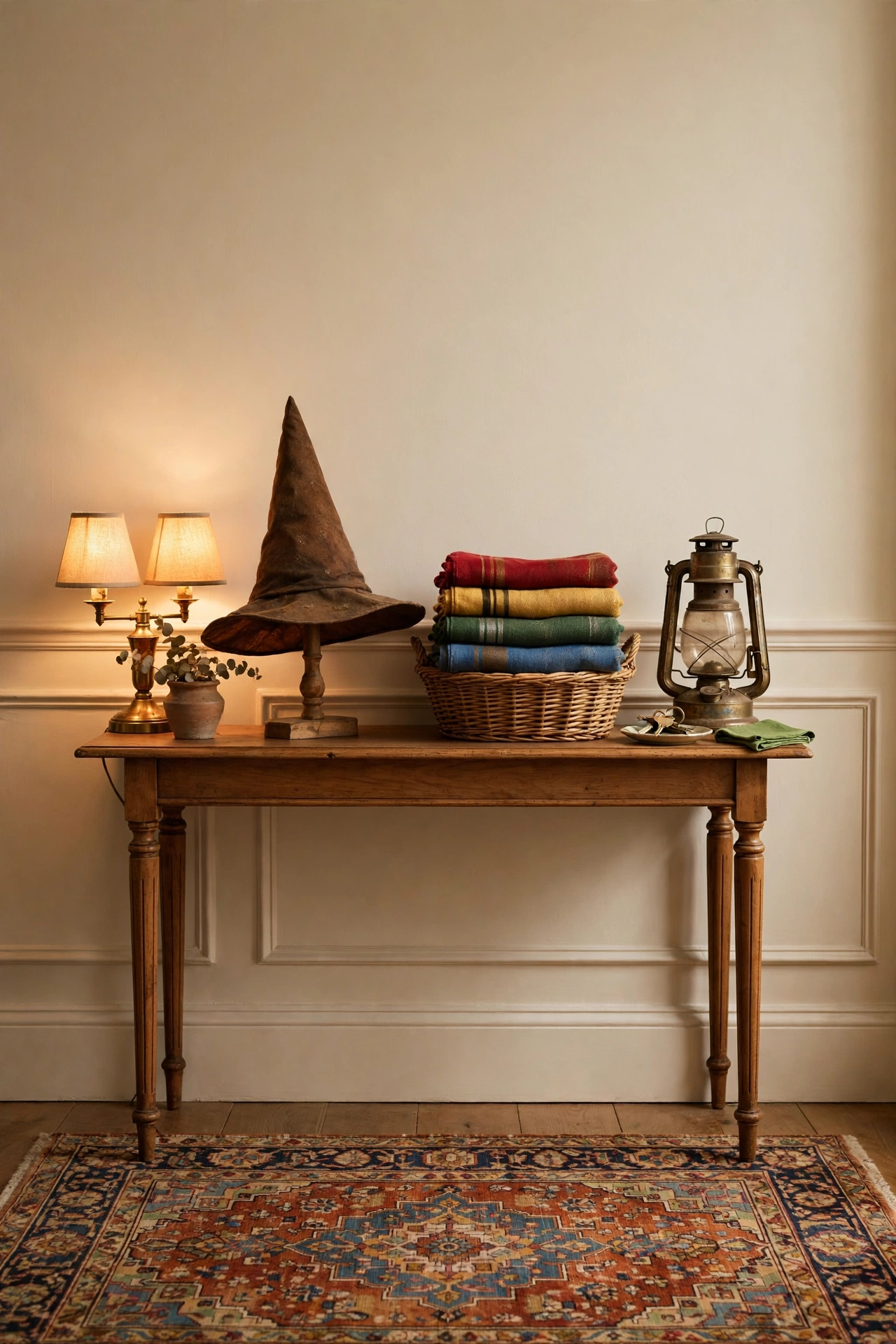 Long dining table layered with a black cloth and burgundy runner for a Hogwarts feast