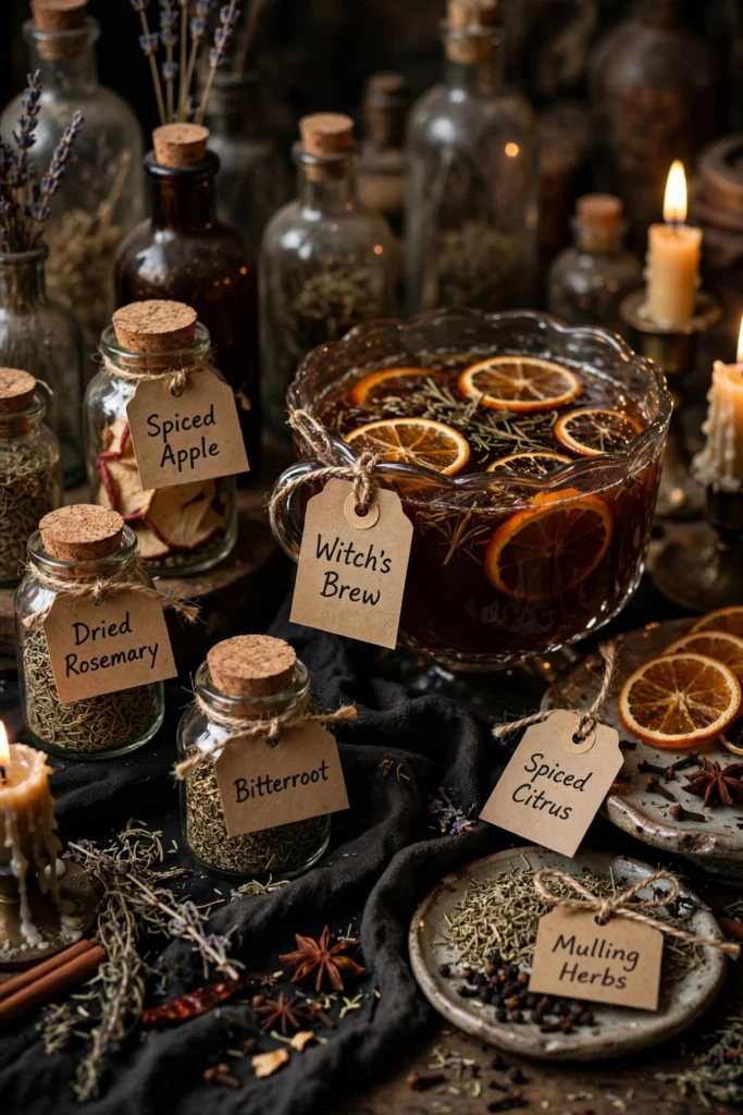 Handwritten kraft apothecary labels on Halloween food jars and platters