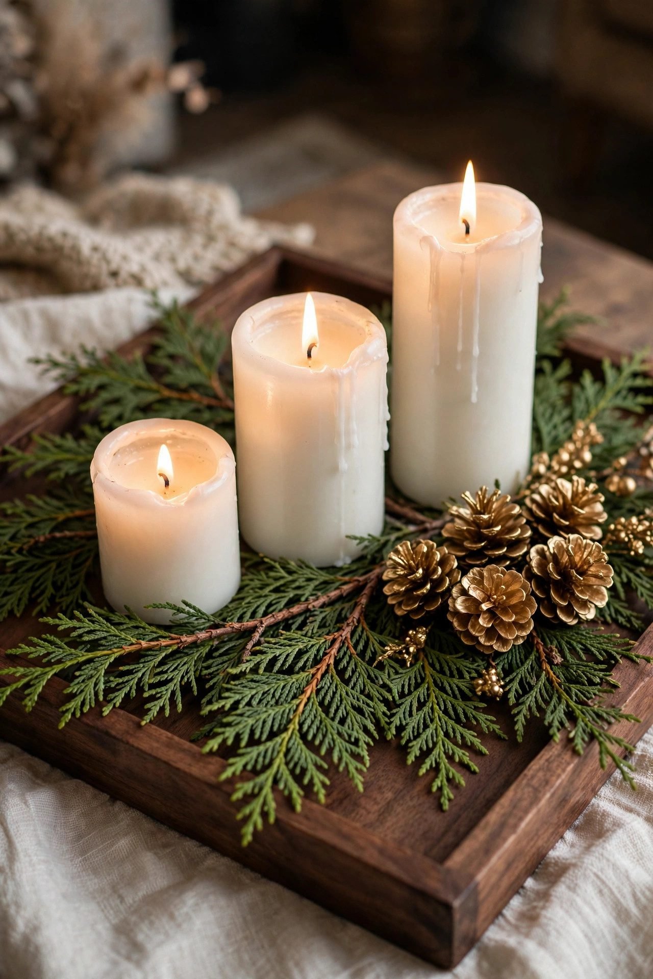 Coffee table centerpiece with cedar, candles, and pinecones on a wooden tray