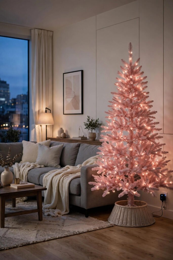 Pink Christmas tree glowing softly at dusk in a living room