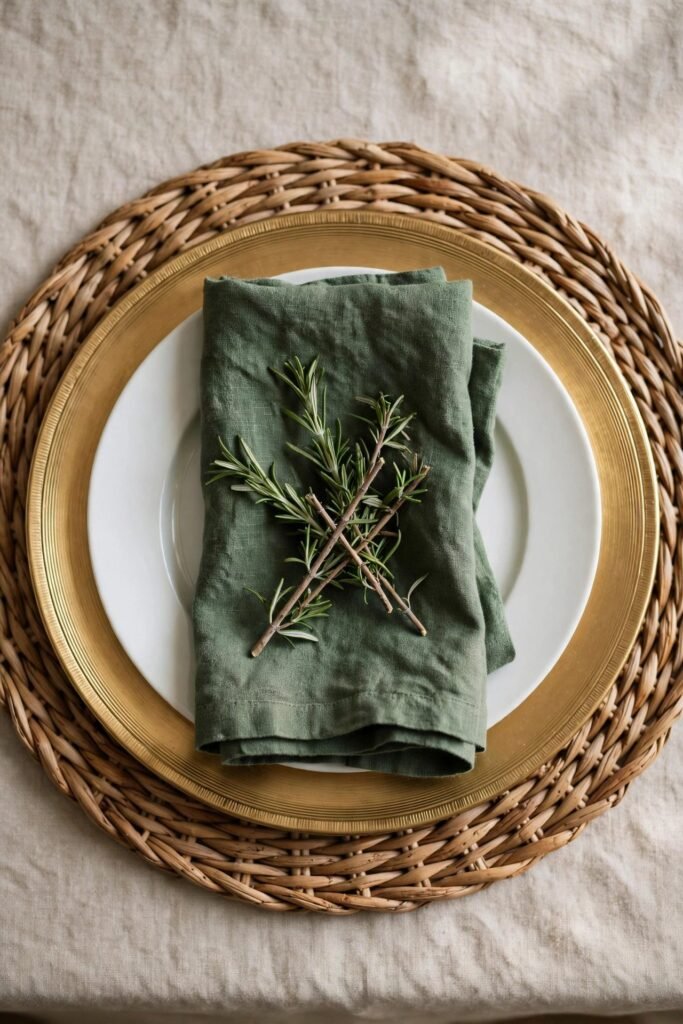 Layered Christmas place setting with placemat, charger, and napkin