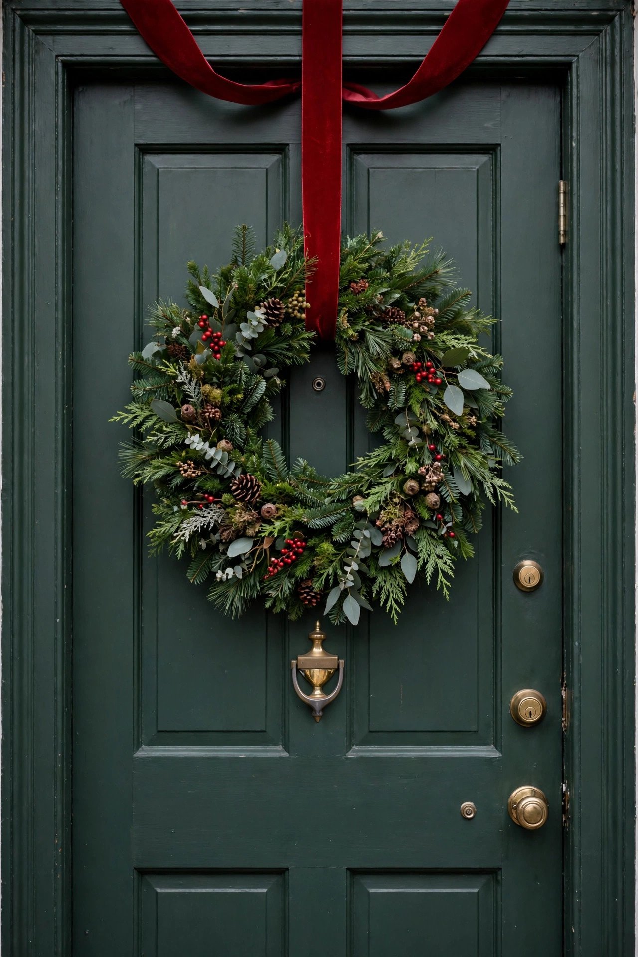24-inch wreath hung at eye level on a green front door