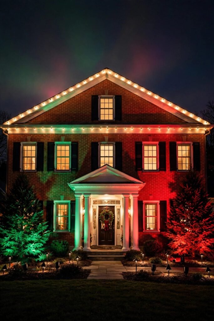 Brick colonial house uplit with red and green spotlights at night