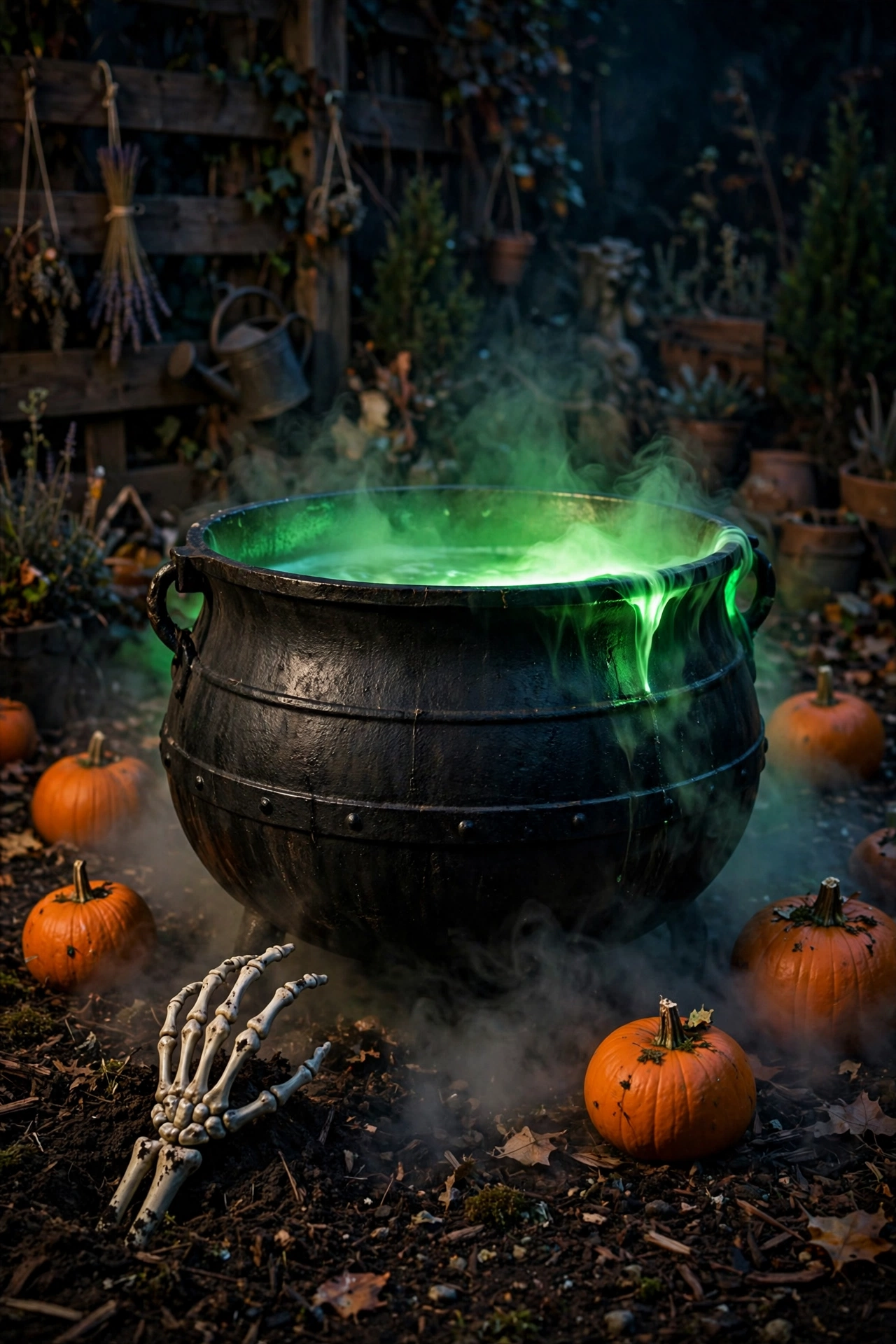 Large cauldron prop anchoring a Halloween yard scene