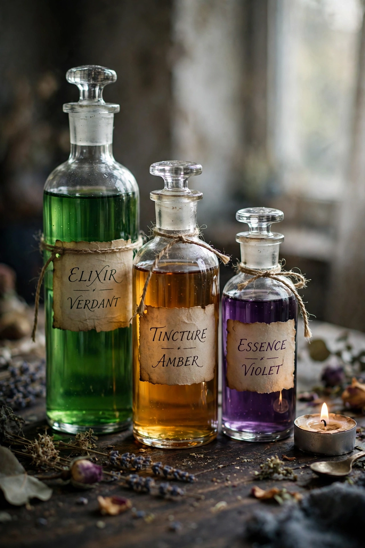 Three potion bottles of staggered heights with parchment labels as a table centerpiece