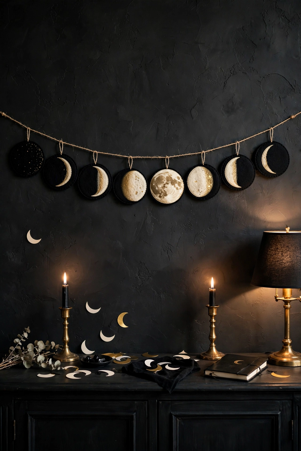 moon phase garland hanging across a charcoal wall for a witch party