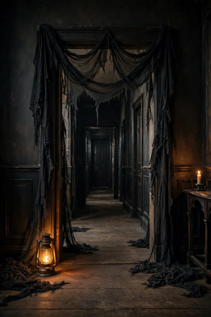 Black cheesecloth swags draped across a hallway doorway for Halloween