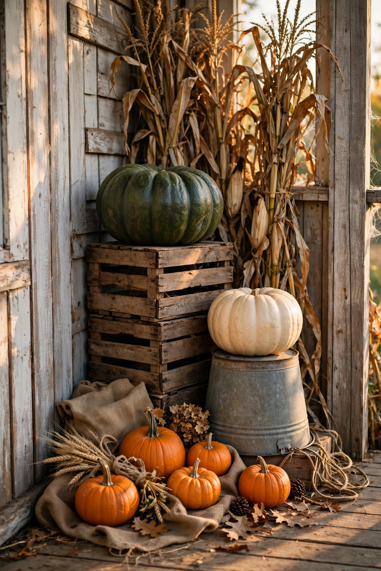 Pumpkins stacked at three heights on crates and a bucket in a porch corner