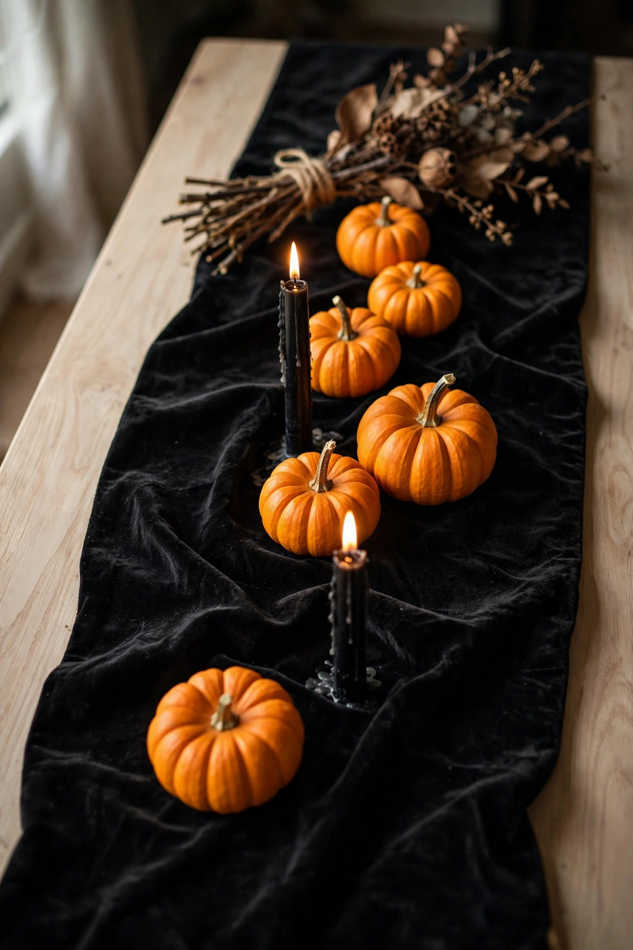 Black velvet table runner with mini pumpkins and black taper candles