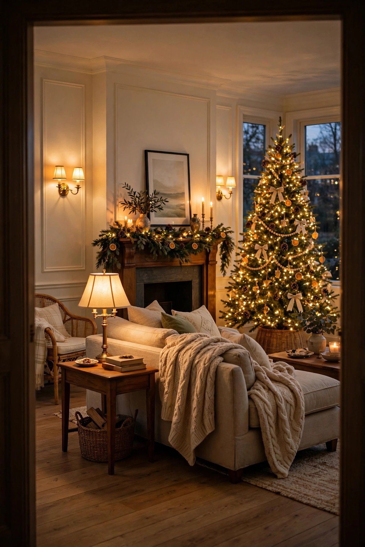 Living room lit with warm 2700K lamps and a glowing Christmas tree at dusk