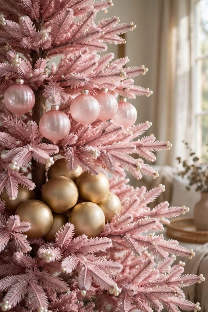 Pink Christmas tree ornaments layered in three sizes from trunk to tips