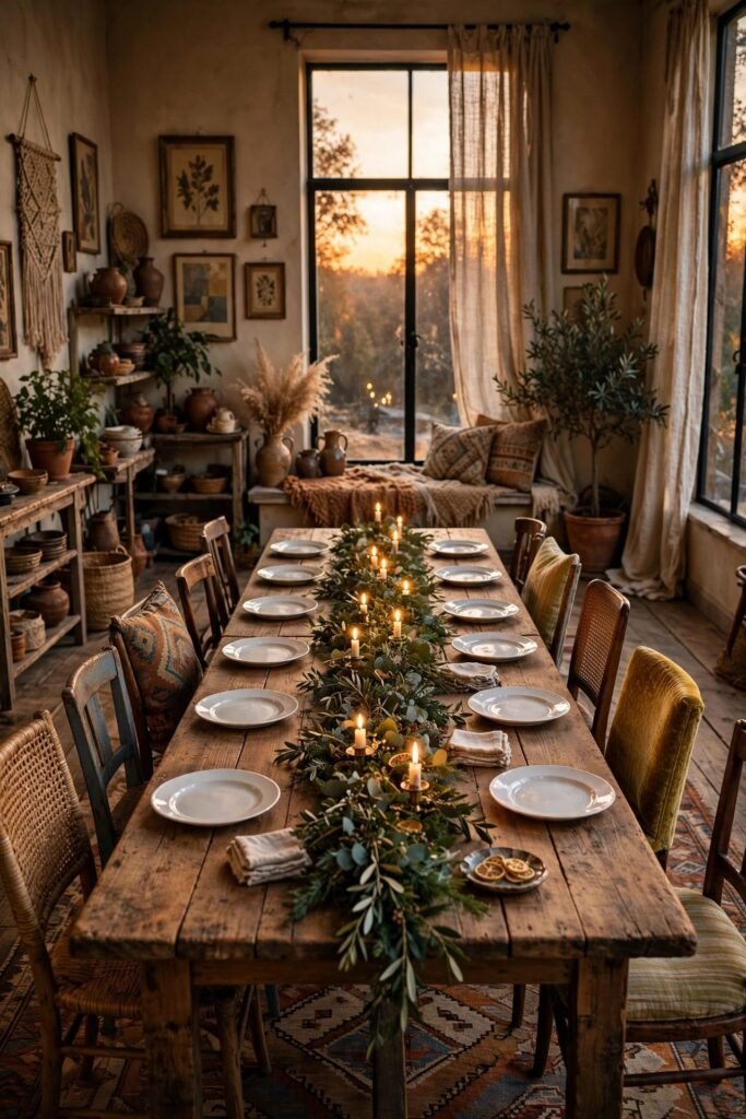 Dining table with a greenery garland runner and candles