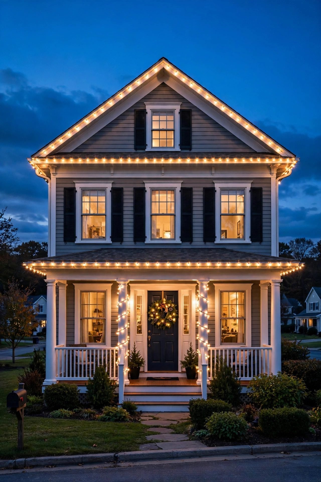 Outdoor LED Christmas lights along a gutter and porch columns at dusk