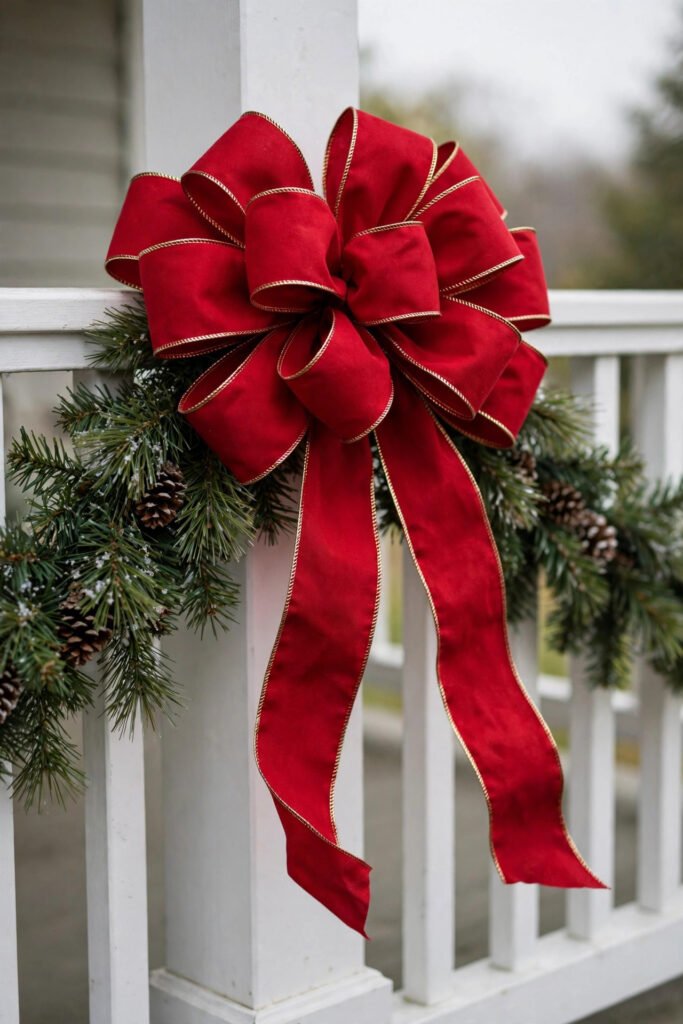 Red wired-edge outdoor ribbon bow on a pine garland