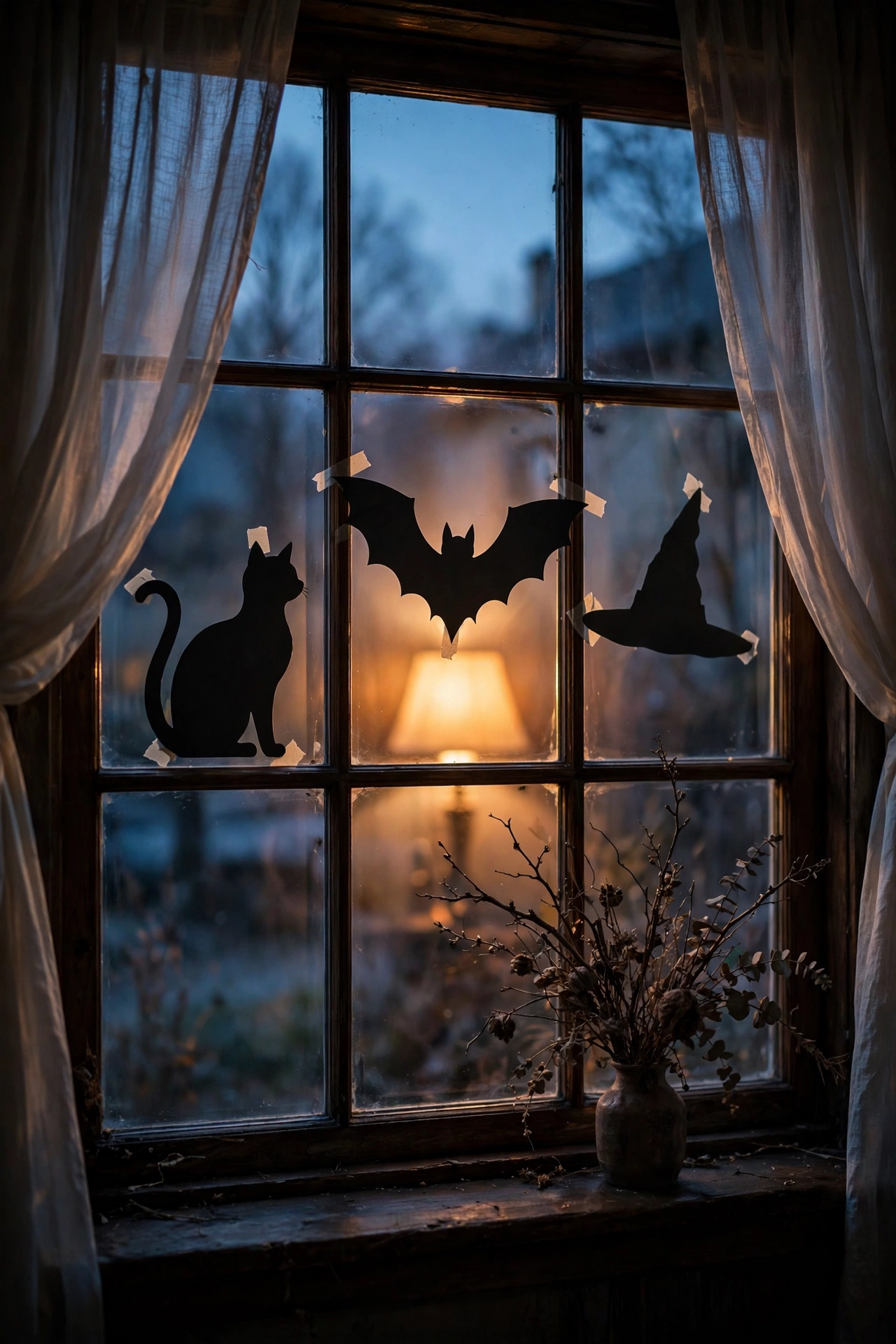 black cat and bat silhouettes on a lit window for a witch party
