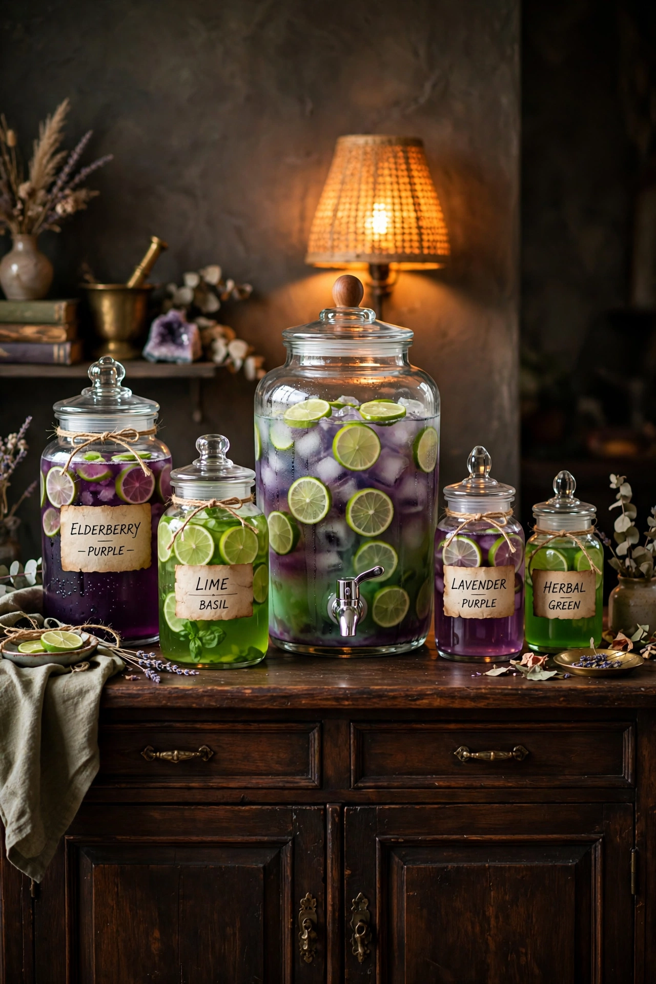 Glass apothecary jars with parchment potion labels as a Halloween drink station