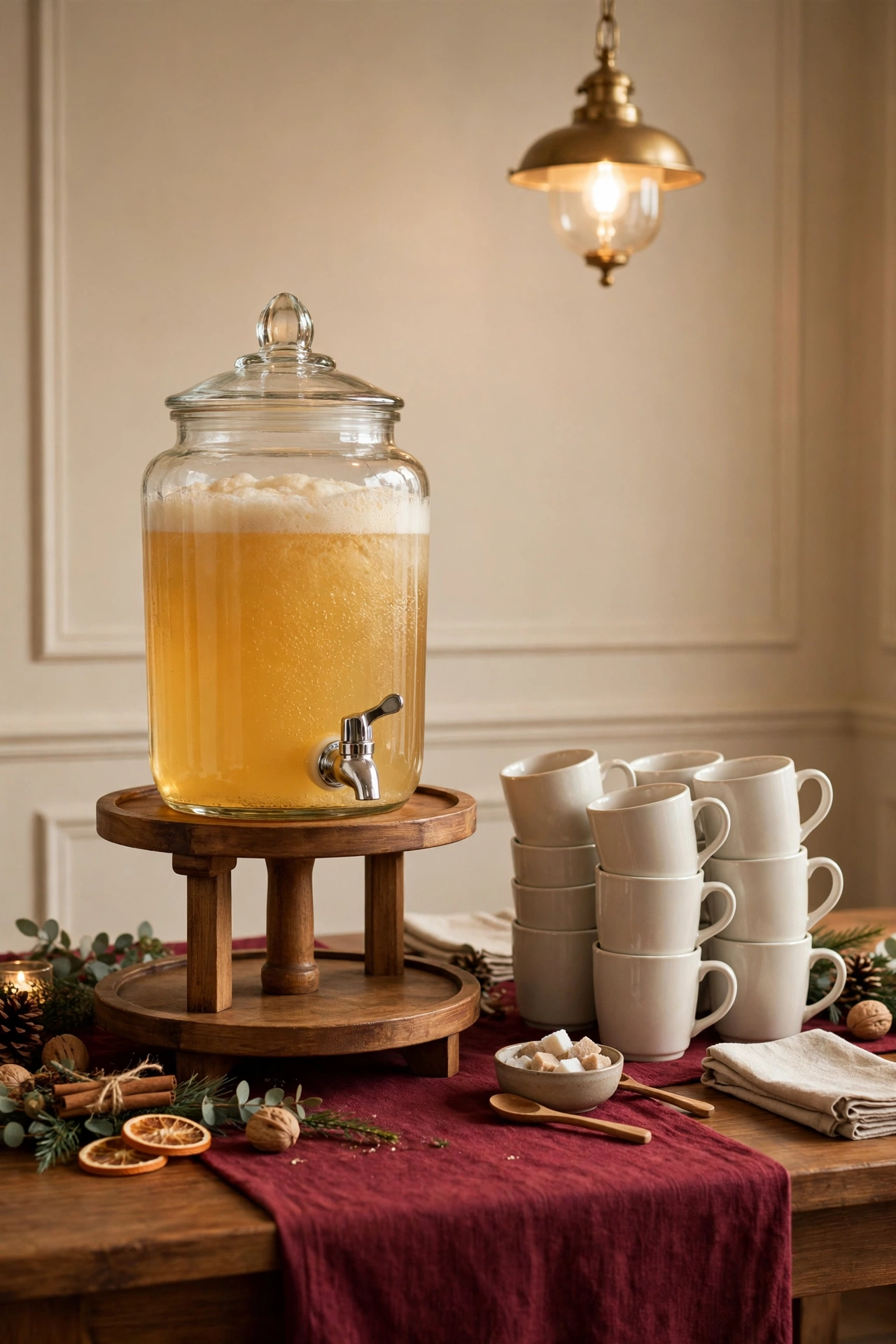 Glass butterbeer dispenser on a tiered wooden stand with stacked mugs