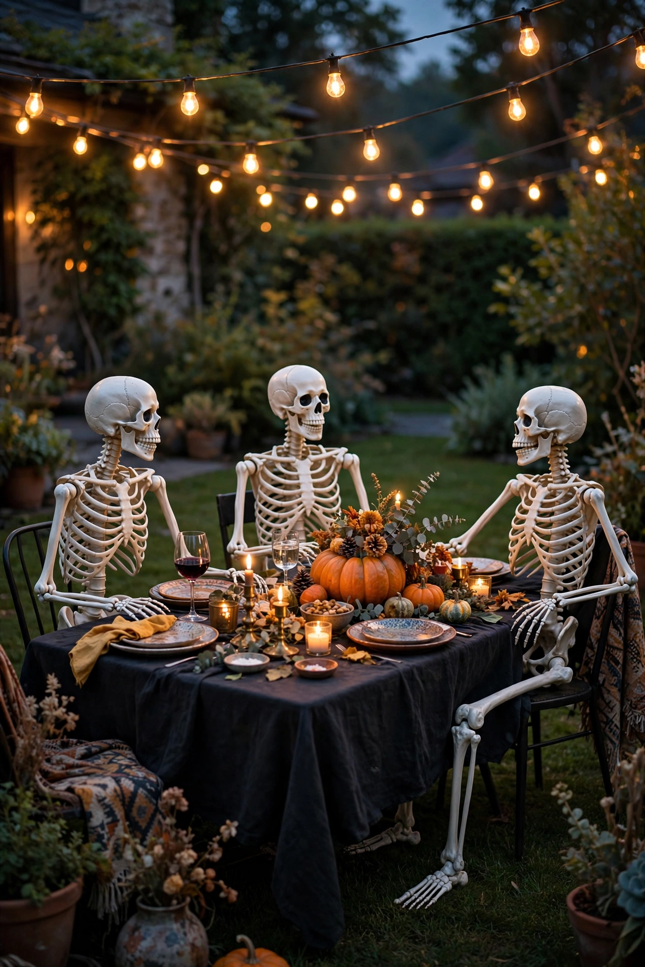 Three skeletons arranged around a table in a front yard