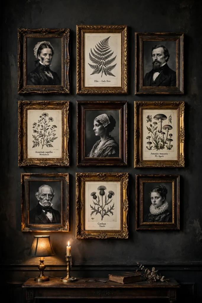 Salon-style gallery of vintage portraits in dark frames on a charcoal wall