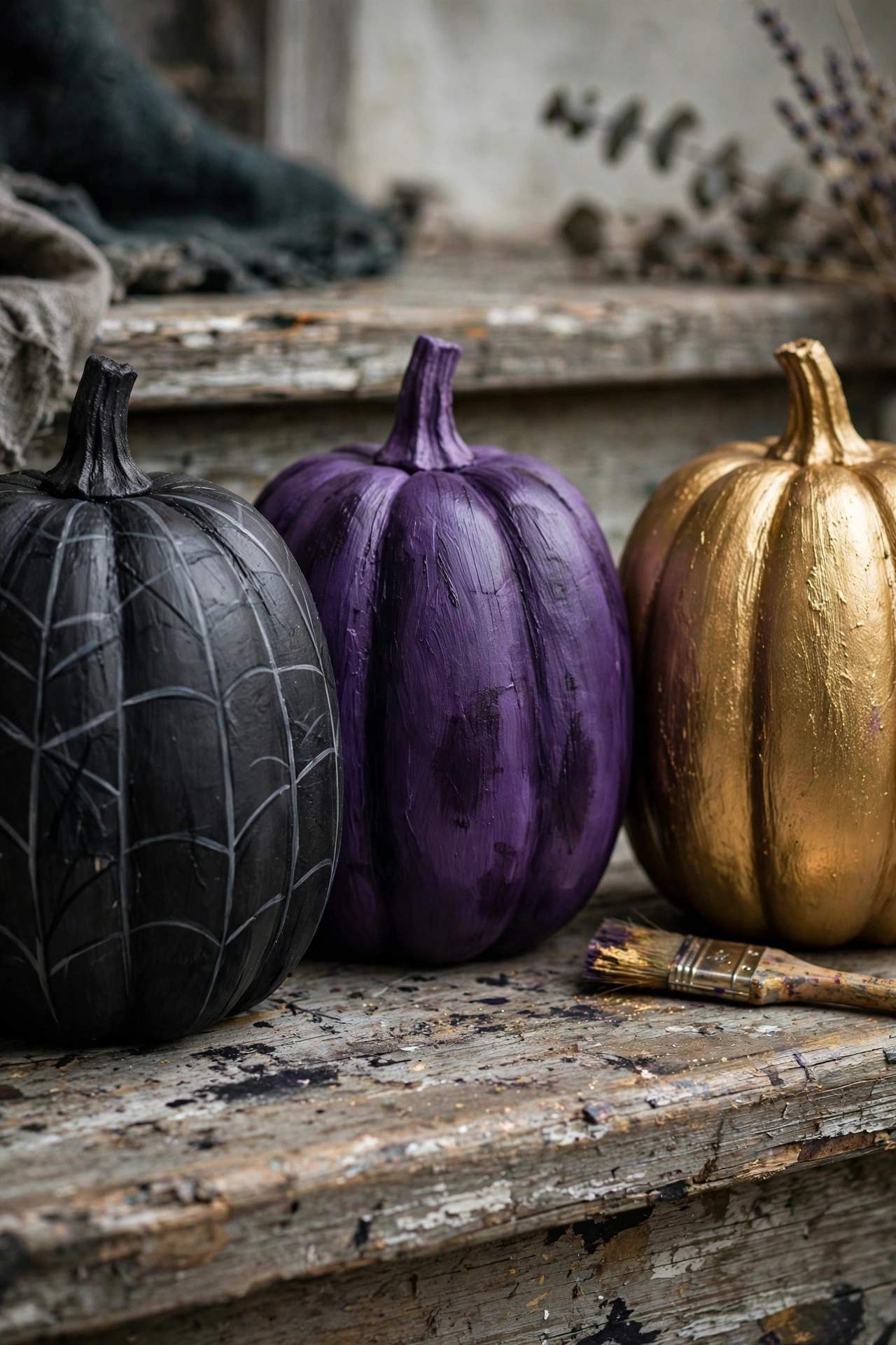 Faux pumpkins hand-painted in matte black, purple, and gold on a wood step