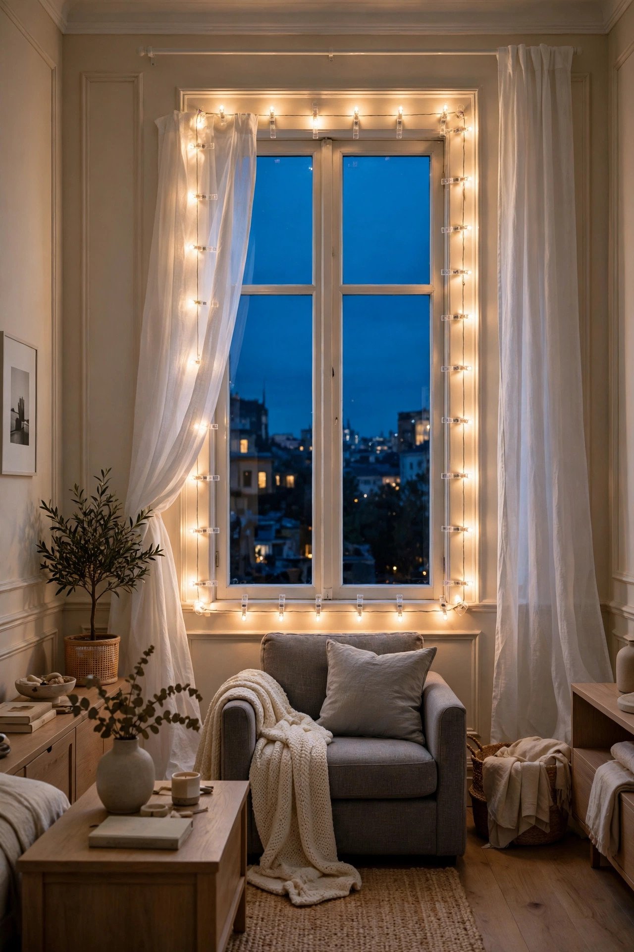 Warm white string lights framing a living room window at night