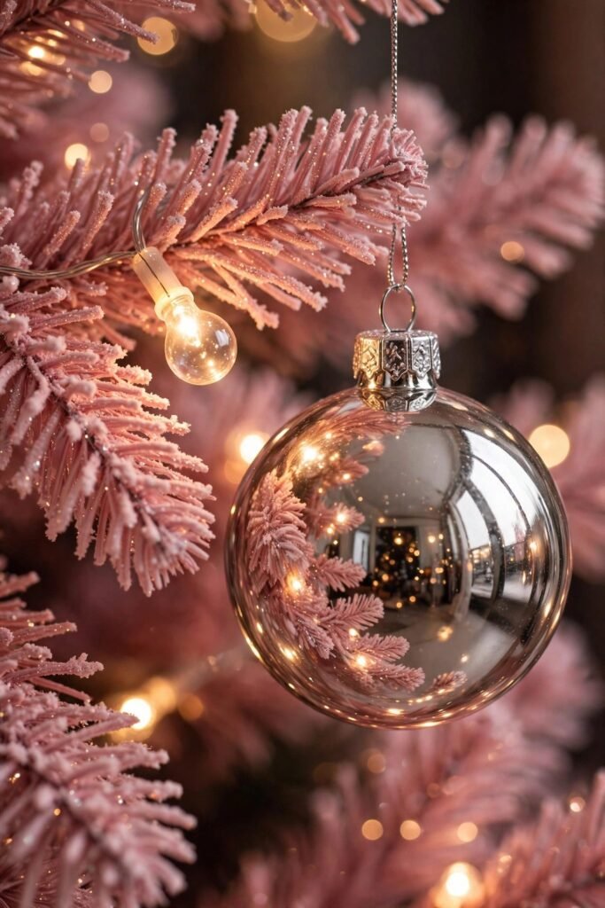 Mirrored silver ornament reflecting lights on a pink Christmas tree