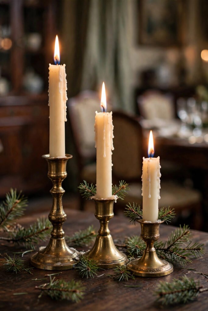 Ivory taper candles in brass holders on a Christmas table