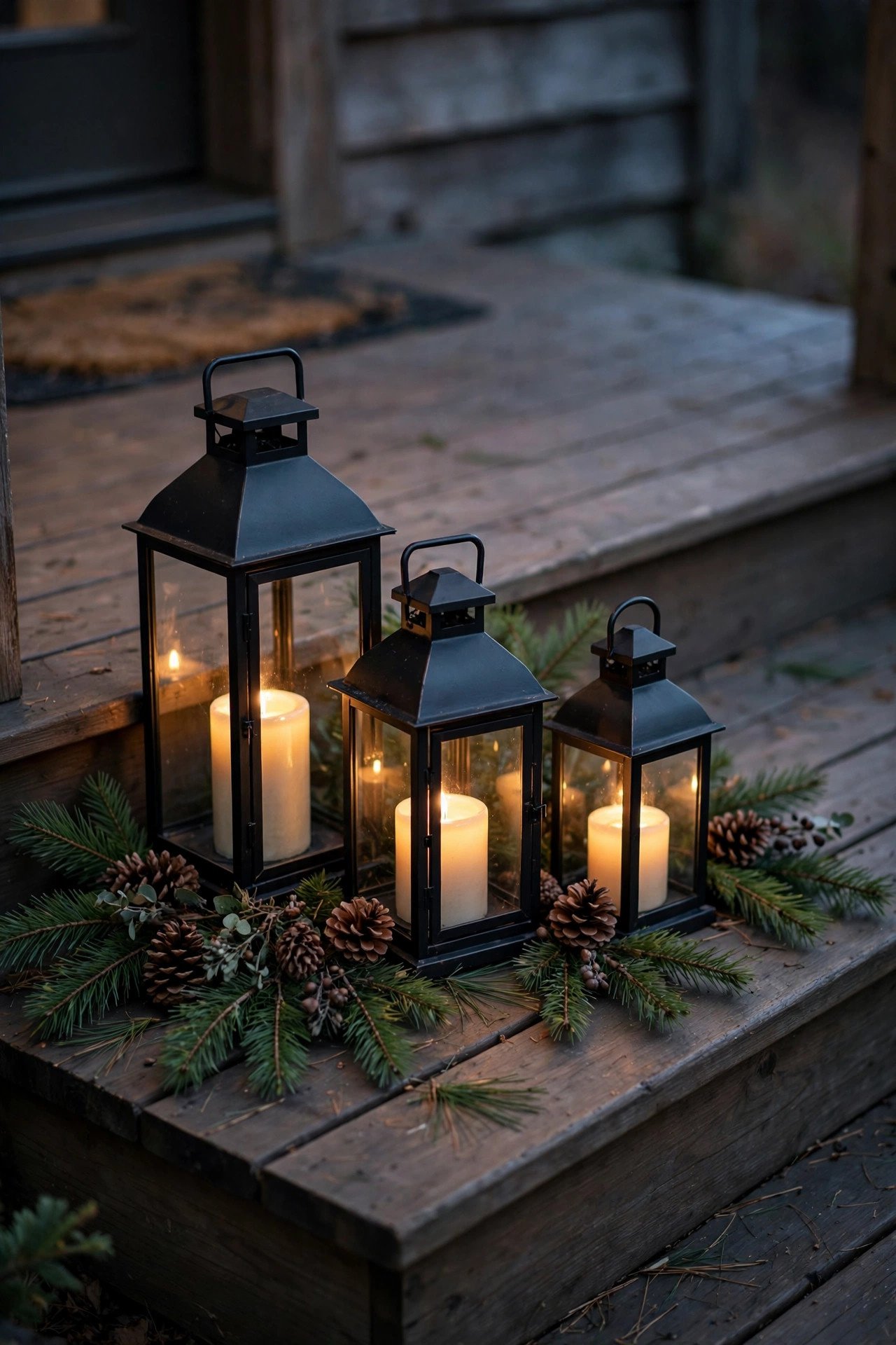 Three lanterns of different heights clustered on a front porch step