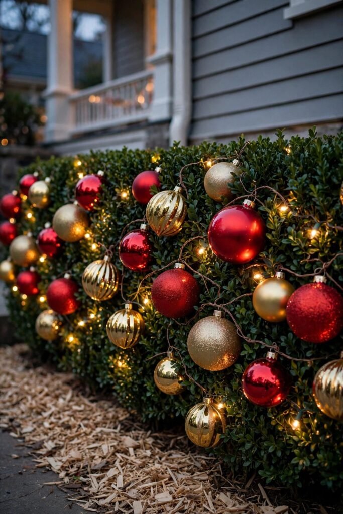 Boxwood hedge decorated with oversized red and gold shatterproof ornaments